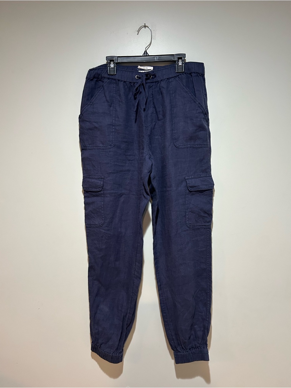 Nicole Miller Navy Linen Cargo Joggers with Drawstring Waist